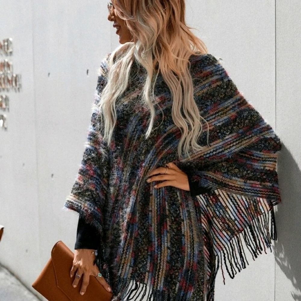 High Neck Fringe Hem Knit Poncho